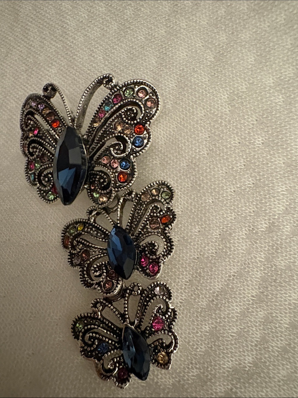 Multicolor Crystal Butterfly Drop Brooch with Blue Center Stones